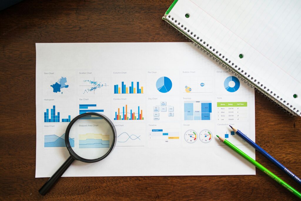 pexels-photo-7947663-7947663 Overhead view of charts and graphs with magnifying glass and stationery on wooden table.